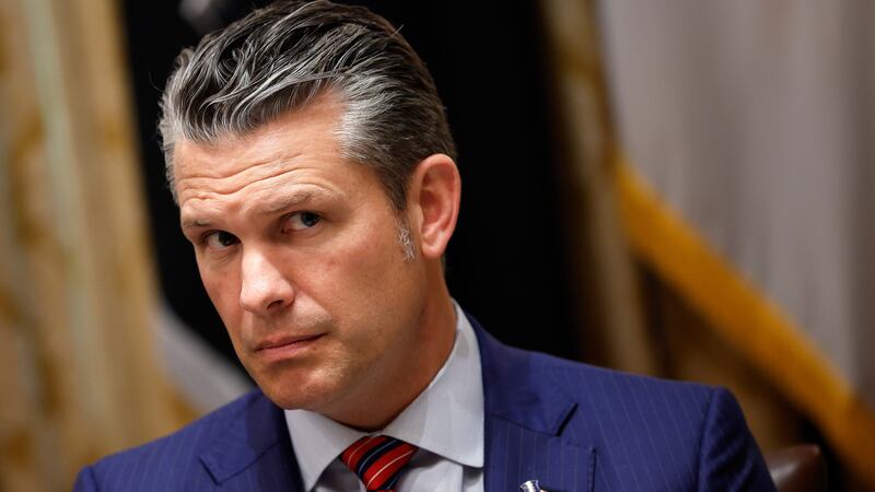 WASHINGTON, DC - OCTOBER 14: U.S. Secretary of War Pete Hegseth during a meeting with U.S. President Donald Trump and President of Argentina Javier Milei in the Cabinet Room at the White House on October 14, 2025 in Washington, DC. Trump is hosting Milei for a working lunch days after the U.S. Treasury finalized a $20 billion currency swap framework with Argentina in an effort to help stabilize its economy. (Photo by Kevin Dietsch/Getty Images)
