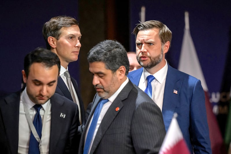 U.S. Vice President JD Vance speaks looks on next to U.S. President's son-in-law Jared Kushner prior to a quadrilateral meeting between the United States, Iran, Pakistan and Qatar at the Burgenstock luxury hotel complex overlooking Lake Lucerne, Switzerland, on June 21, 2026.
