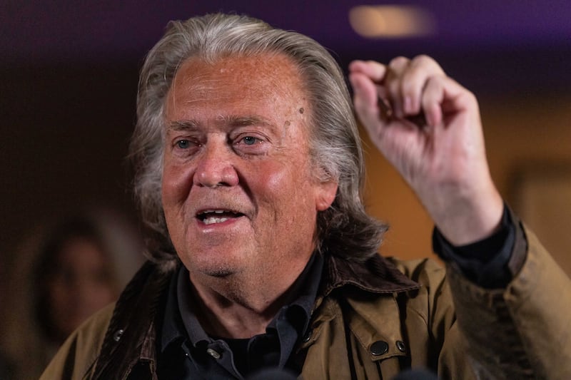 Former White House Chief Strategist Steve Bannon speaks to the press in New York after being released from the Federal Correctional Institution, Danbury, Connecticut, on October 29, 2024. Bannon was convicted of defying a subpoena to testify before the congressional panel that investigated the January 6, 2021 attack on the US Capitol by supporters of former US President Donald Trump. Bannon reported to prison on July 1, 2024, to begin a four-month sentence. (Photo by Yuki IWAMURA / AFP) (Photo by YUKI IWAMURA/AFP via Getty Images)