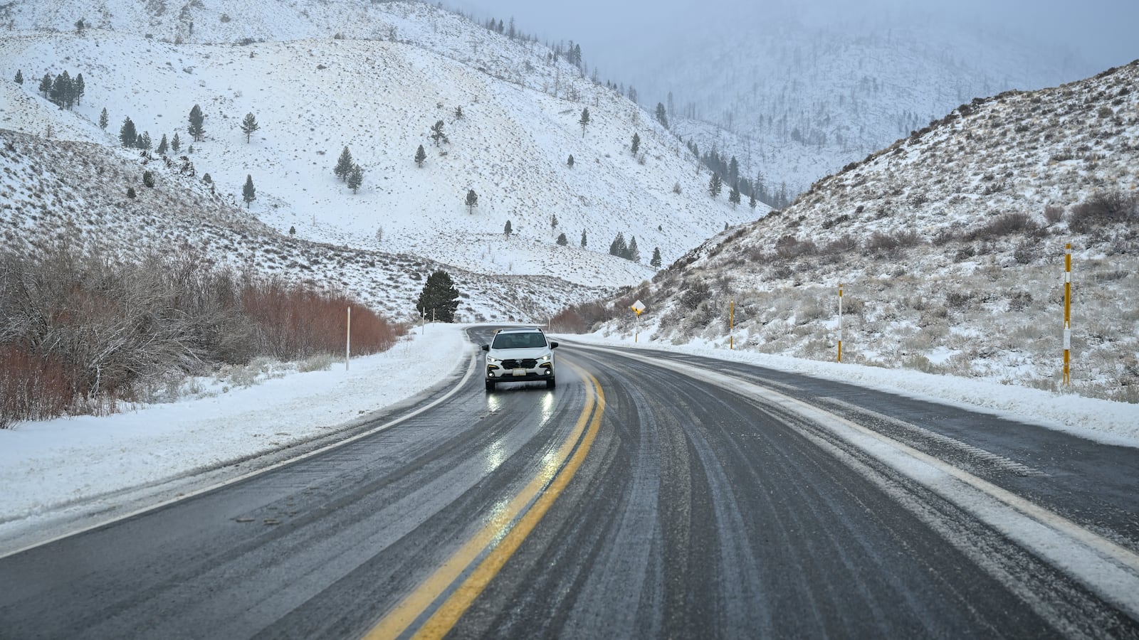 CALIFORNIA, UNITED STATES - DECEMBER 14: A view of snow covered of Highway 395 as winter storm hit Sierra Nevada region in California, United States on December 14, 2024. (Photo by Tayfun Coskun /Anadolu via Getty Images)
