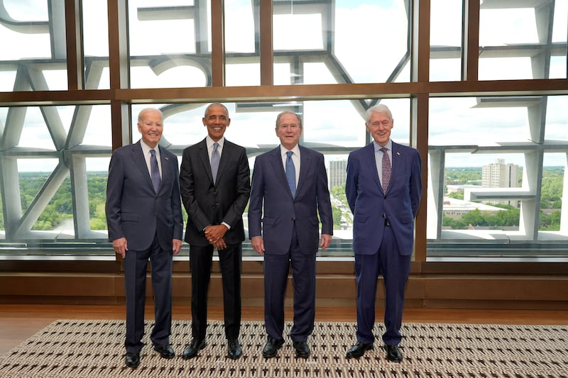 Former U.S. presidents Joe Biden, Barack Obama, George W. Bush, Bill Clinton, pose for a photo ahead of the dedication ceremony at the Obama Presidential Center, in Chicago, Illinois, U.S., June 18, 2026.