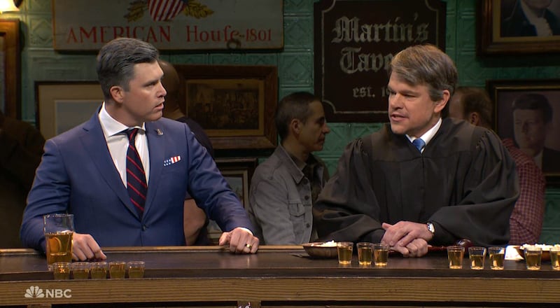 SNL, Colin Jost as Pete Hegseth and Matt Damon as Brett Kavanaugh.