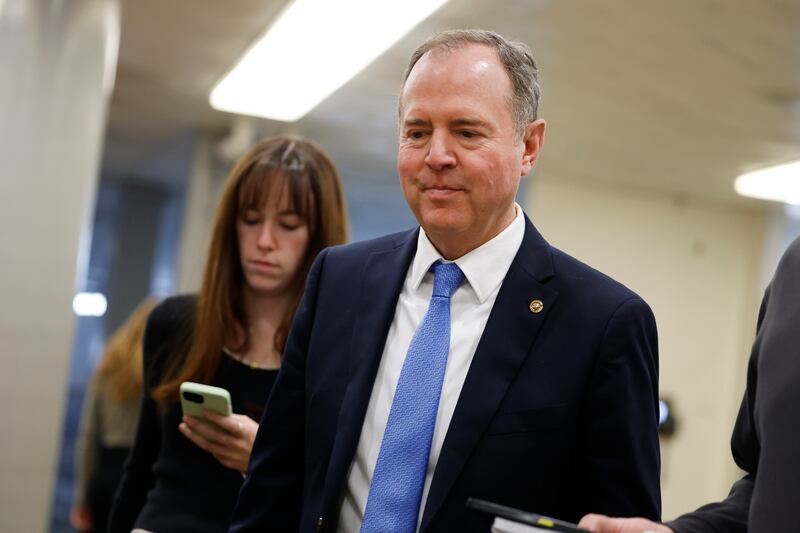 WASHINGTON, DC - JANUARY 27: U.S. Sen. Adam Schiff (D-CA) walks through the Senate Subway in the U.S. Capitol on January 27, 2025 in Washington, DC. The Senate confirmed Scott Bessent as Treasury Secretary in a 68-29 vote. (Photo by Anna Moneymaker/Getty Images)
