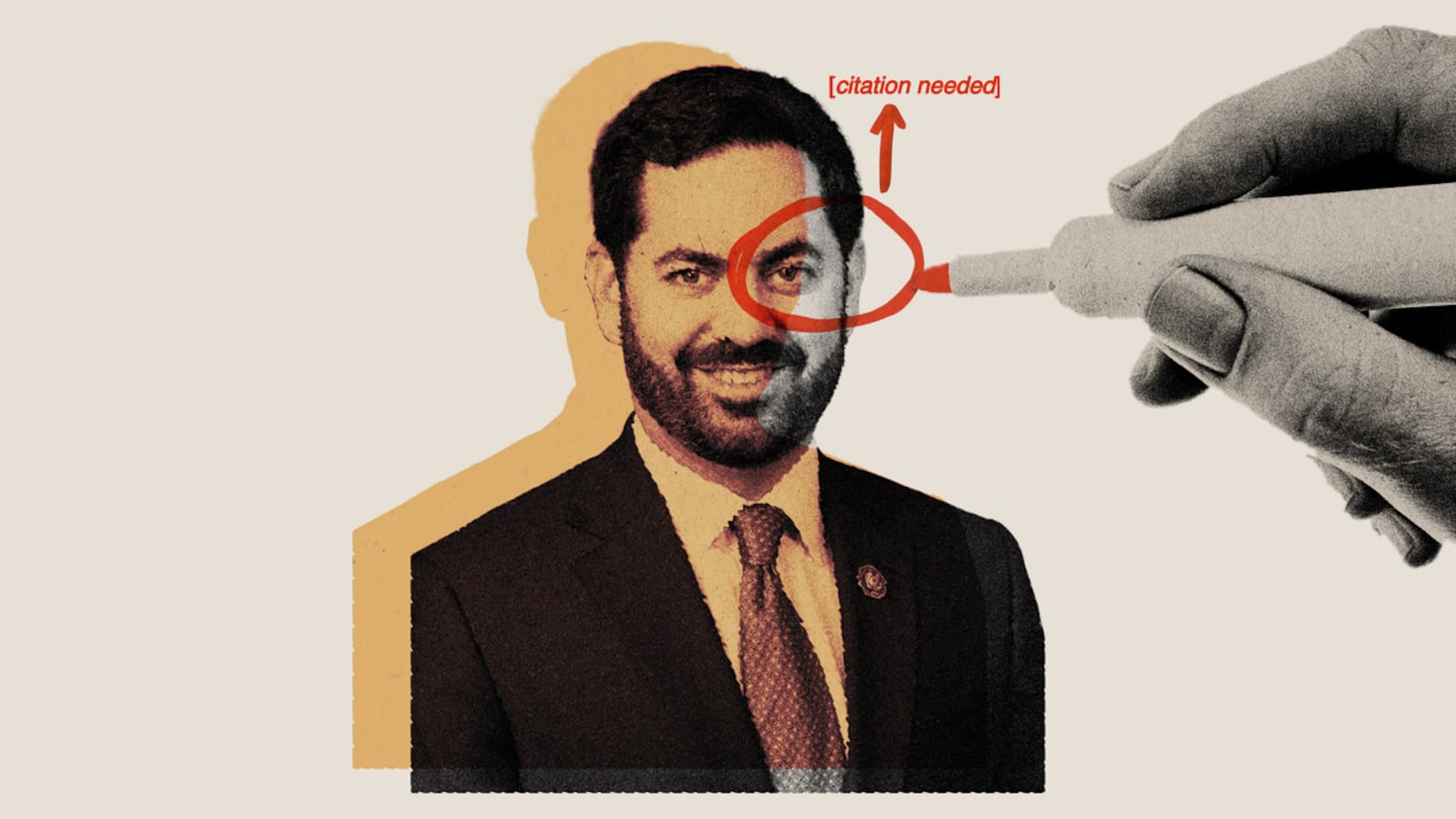 Photo illustration of Rep. Mike Lawler (R-NY) with edit marks and a notation of a citation needed.