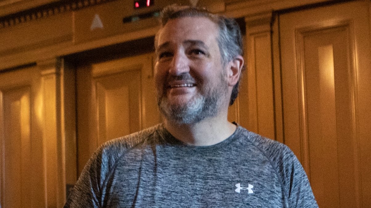 Sen. Ted Cruz (R-TX) departs the Senate floor, wearing gym clothes in 2022.