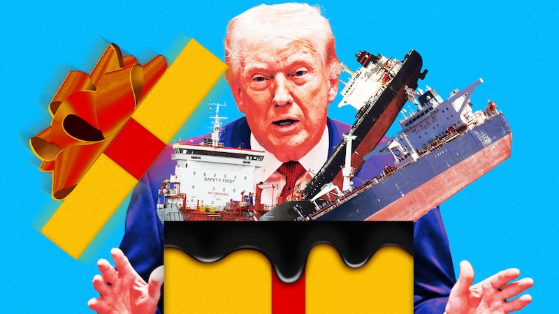 A photo illustration of Donald Trump opening a present box full of oil tankers and oil.