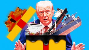 A photo illustration of Donald Trump opening a present box full of oil tankers and oil.