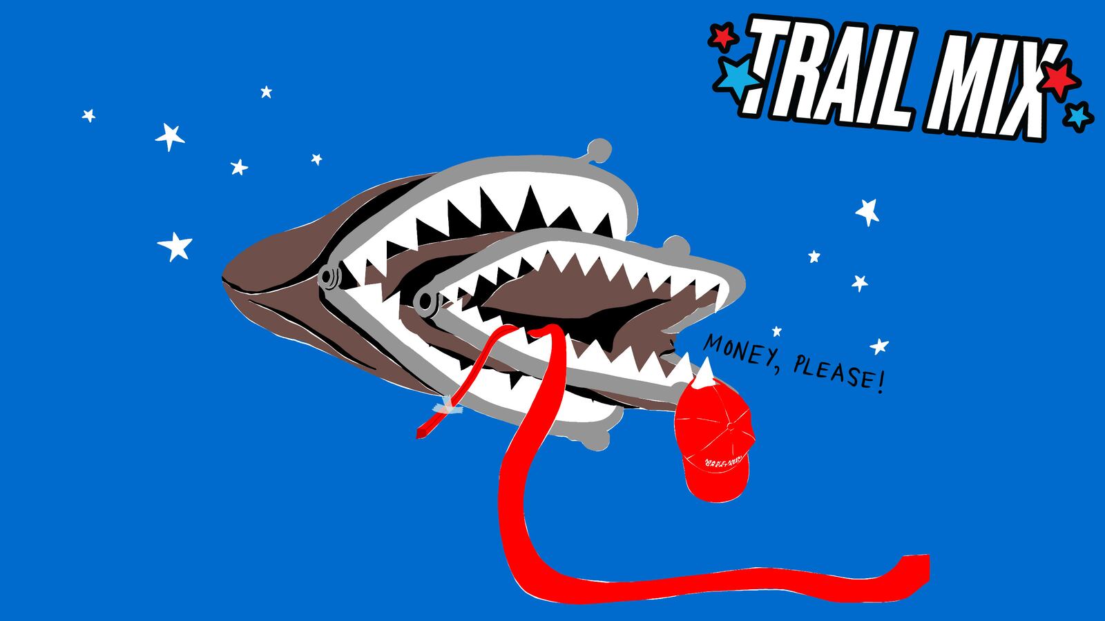 Illustration of a coin purse with sharp teeth with Donald Trump’s long red tie with Scotch tape on it hanging out of the purse and a Make America Great Again hat hanging off