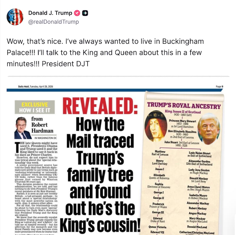 President Donald Trump posts about Buckingham Palace as Their Majesties are in Washington for a state visit.