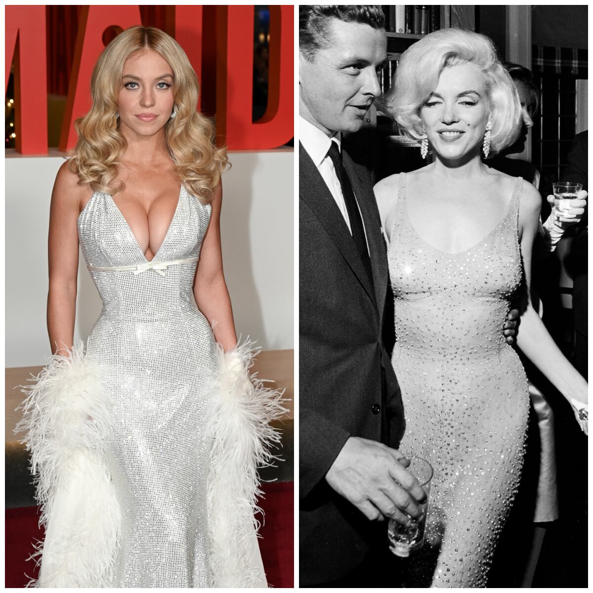 Sydney Sweeney at a New York City screening of "The Housemaid" on December 02, 2025| Marilyn Monroe in New York City, May 19, 1962.