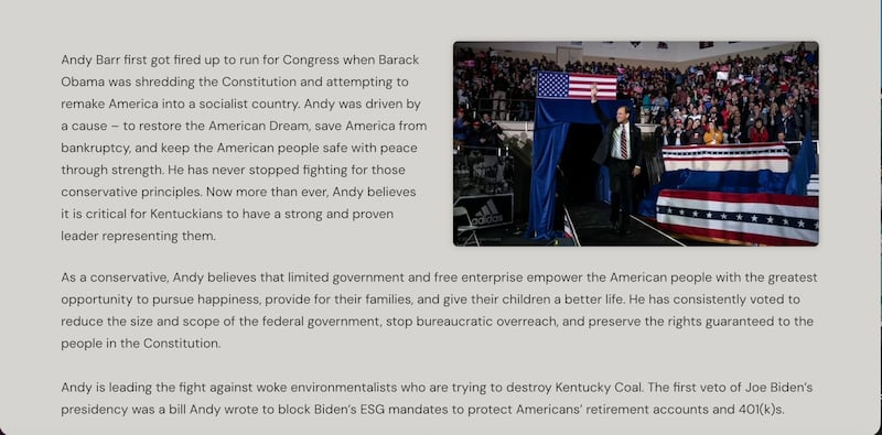 The updated copy on Rep. Barr's campaign website "Meet Andy" section.