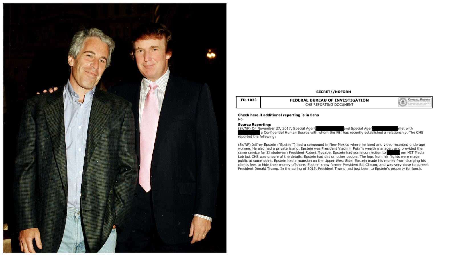 FBI informant alleges Donald Trump visited Jeffrey Epstein in spring 2015, and remained close after becoming president.