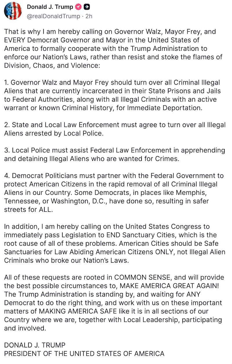 Donald Trump lays out his ICE strategy on Truth Social.