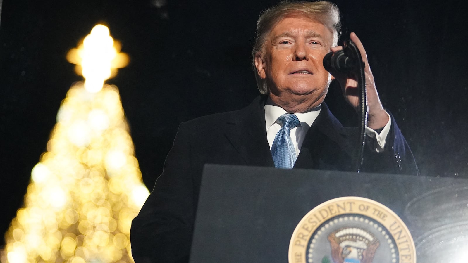 Donald Trump takes part in the annual lighting of the National Christmas tree on The Ellipse in Washington, DC on December 5, 2019.
