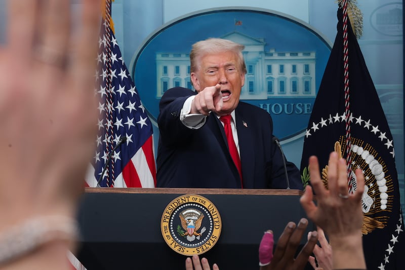 WASHINGTON, DC - JANUARY 20: U.S. President Donald Trump takes questions from the media during a press briefing in the James S. Brady Press Briefing Room of the White House on January 20, 2026 in Washington, DC. White House Press Secretary Karoline Leavitt was joined by President Trump days after the president threatened a 10% import tax on goods from eight European countries that have rallied around Denmark amid Trump's calls for the U.S. to take control of Greenland, a semi-autonomous Danish territory. (Photo by Kevin  Dietsch/Getty Images)