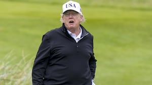 US President Donald Trump plays golf at his Trump Turnberry golf course in South Ayrshire, during his five-day private trip to the country. Picture date: Sunday July 27, 2025. (Photo by Jane Barlow/PA Images via Getty Images)