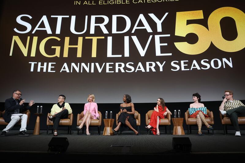 SATURDAY NIGHT LIVE -- "FYC 2025 Event" -- Pictured: (l-r) Fred Armisen, Moderator; Bowen Yang, Heidi Gardner, Ego Nwodim, Chloe Fineman, Sarah Sherman, James Austin Johnson at The Television Academy in North Hollywood, CA on June 2, 2025 -- (Photo by: Todd Williamson/NBC via Getty Images)