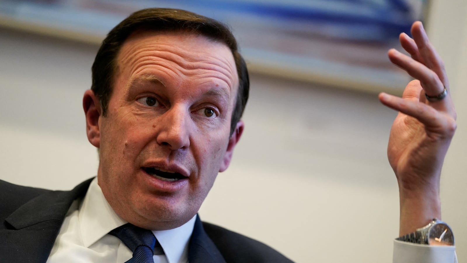 Senator Chris Murphy speaking during an interview with Reuters.