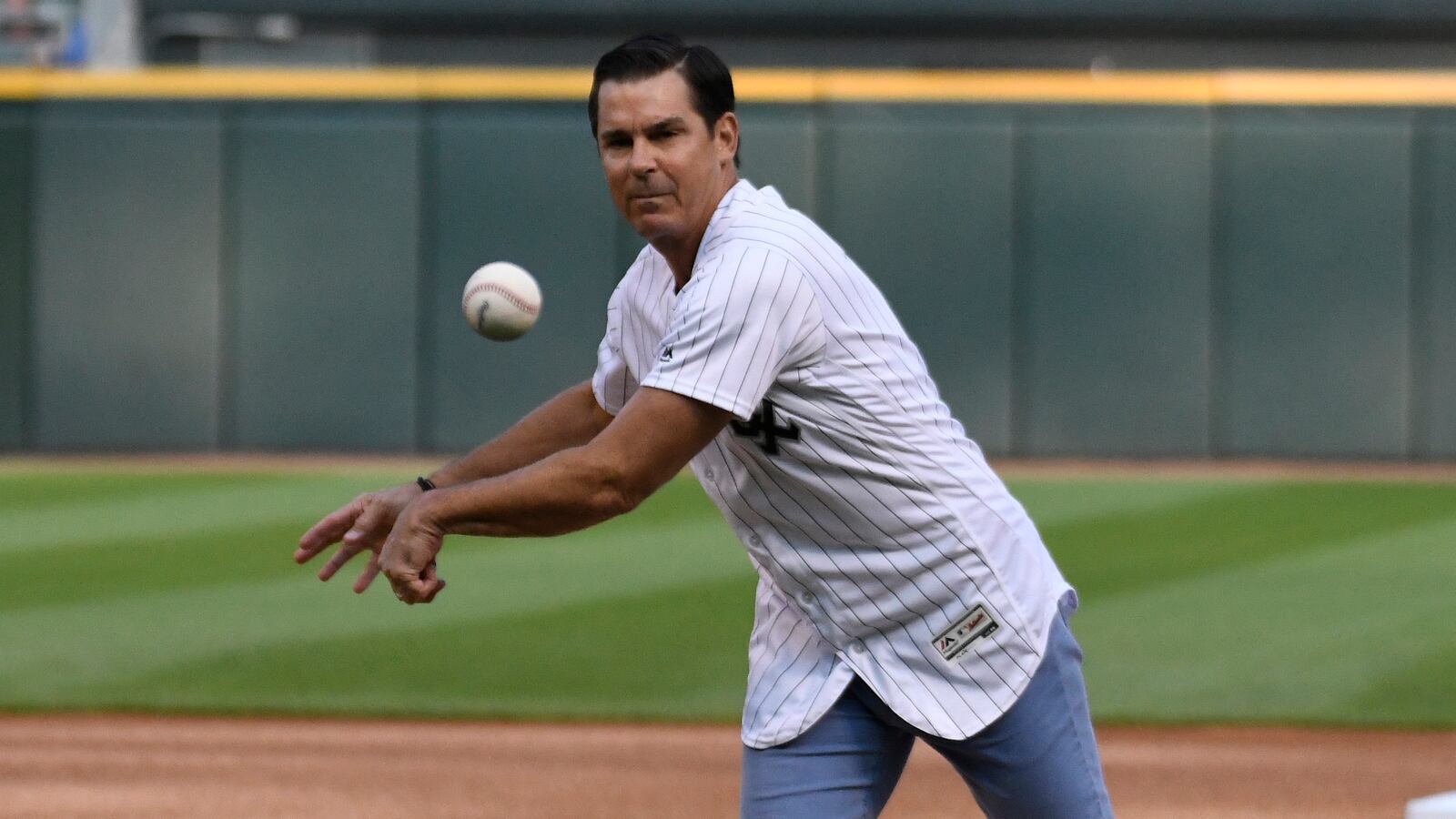 Billy Bean throws out a ceremonial first pitch before the game between the Chicago White Sox and the Miami Marlins at Guaranteed Rate Field on July 23, 2019 in Chicago, Illinois.