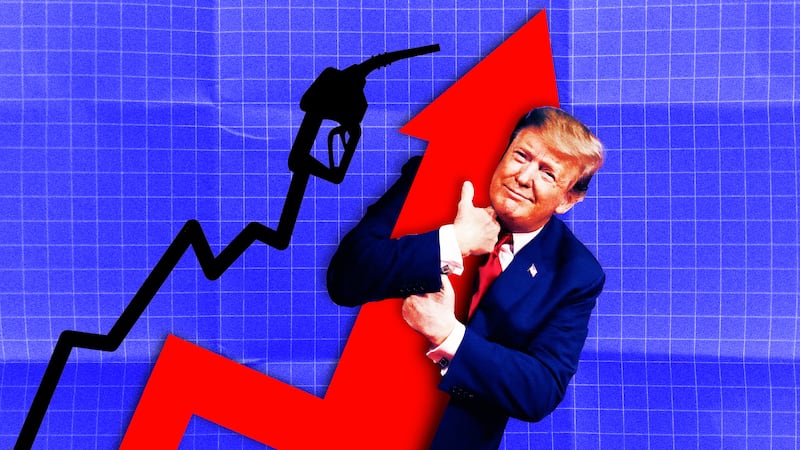 A photo illo illustration of Donald Trump hugging rising inflation arrow gas prices.