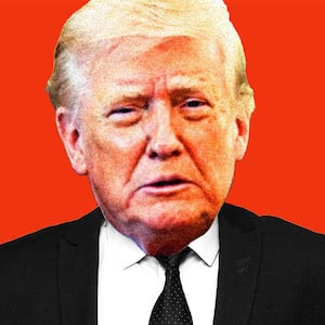 Illo illustration of Donald Trump's head on a body of a man raising his arms and shrugging
