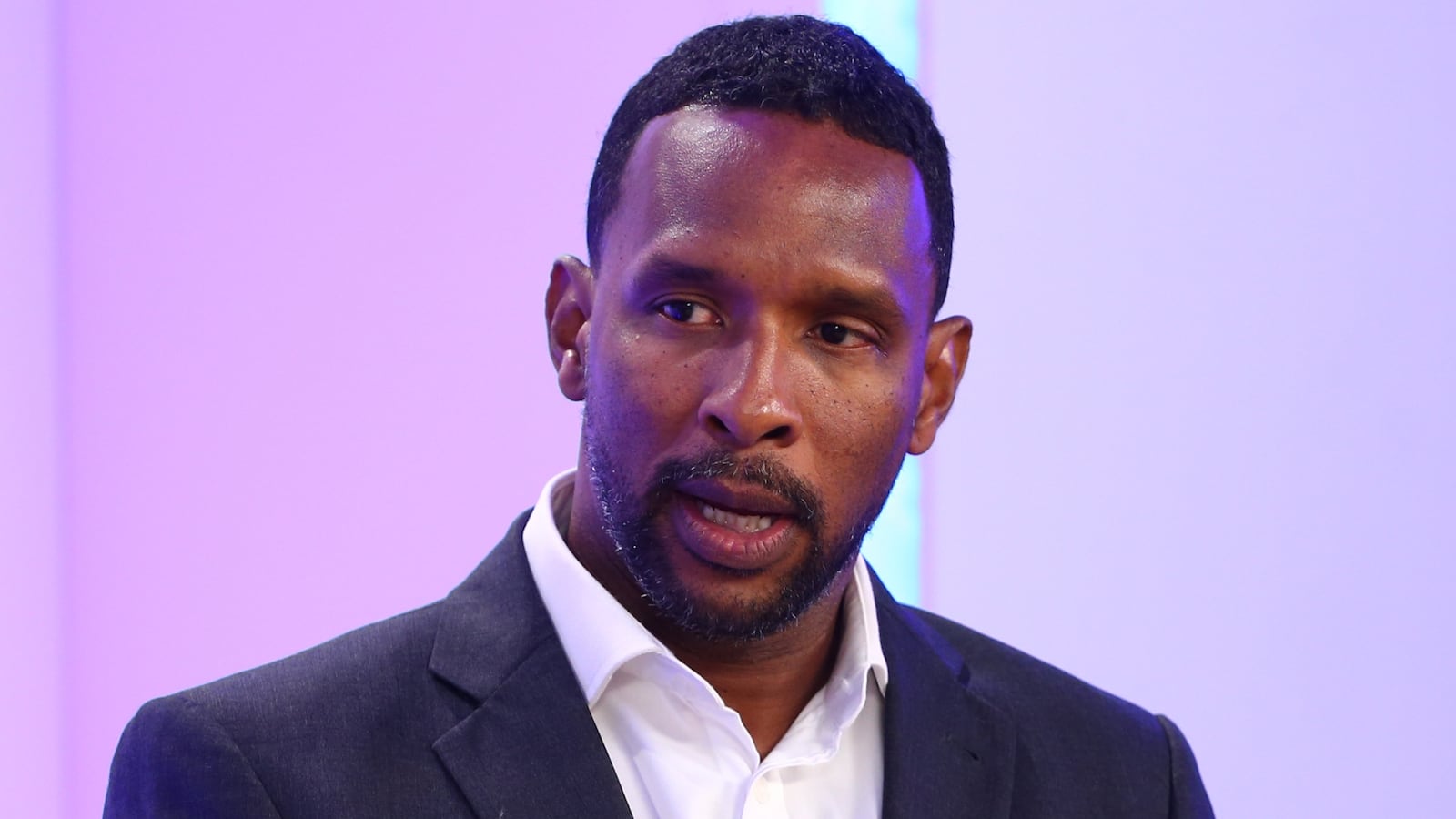 Shaka Hislop speaks during the 'The Ugle Side of The Beautiful Game' panel during day two of the International Champions Cup launch event at 107 Grand on March 28, 2019 in New York City.