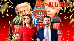A photo illustration of Donald Trump Jr., Bettina Anderson, Donald Trump, Putin and the Kremlin for The Daily Beast podcast.