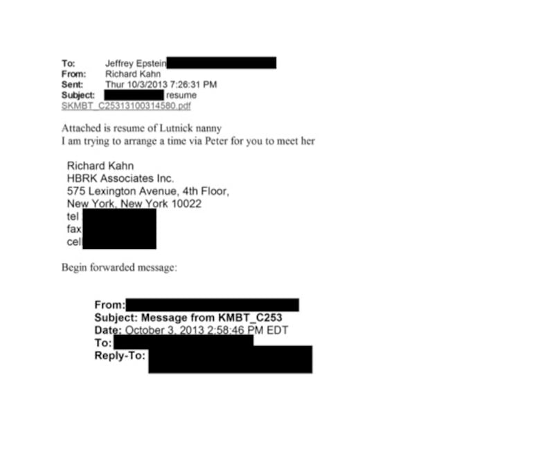 Email from Jeffrey Epstein regarding "Lutnick nanny."