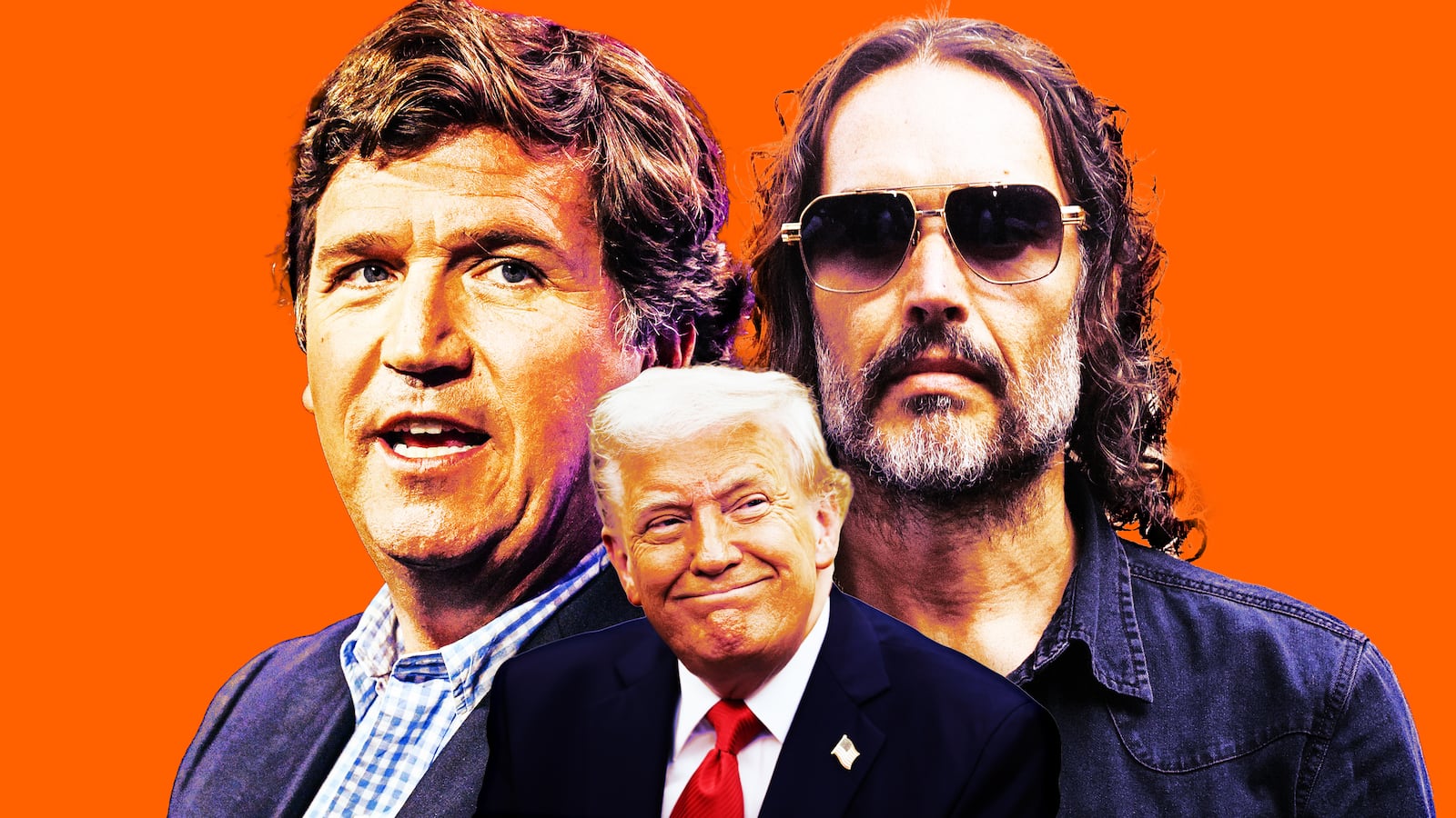 A photo illustration of Tucker Carlson, Russell Brand, and Donald Trump.