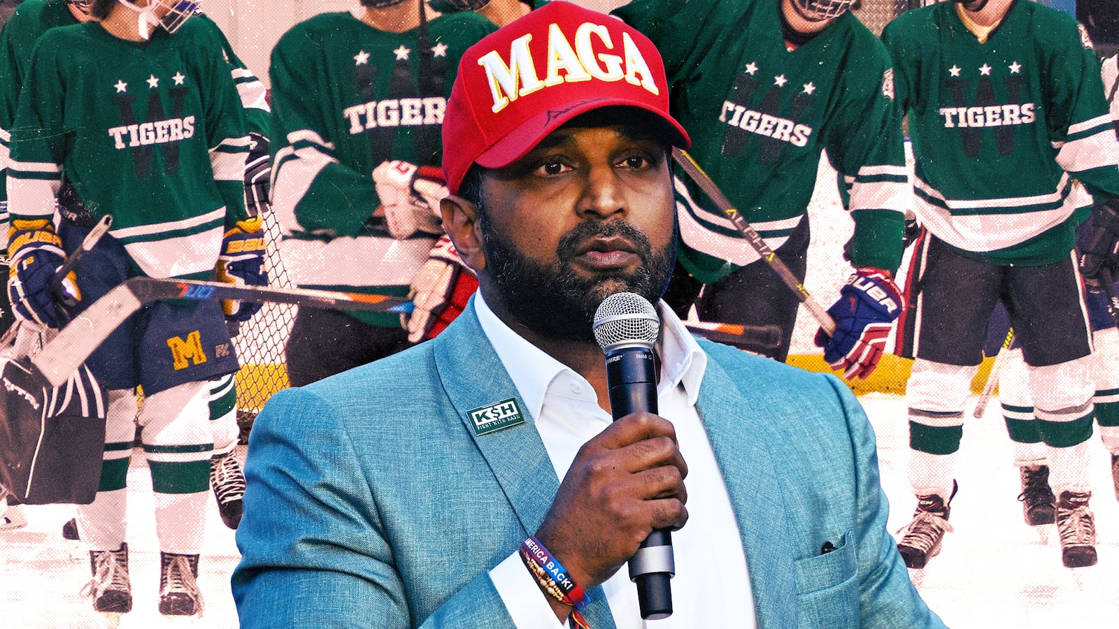 A photo illo illustration of Kash Patel, and the Woodrow Wilson High School hockey team that Patel coached from 2017-2019.