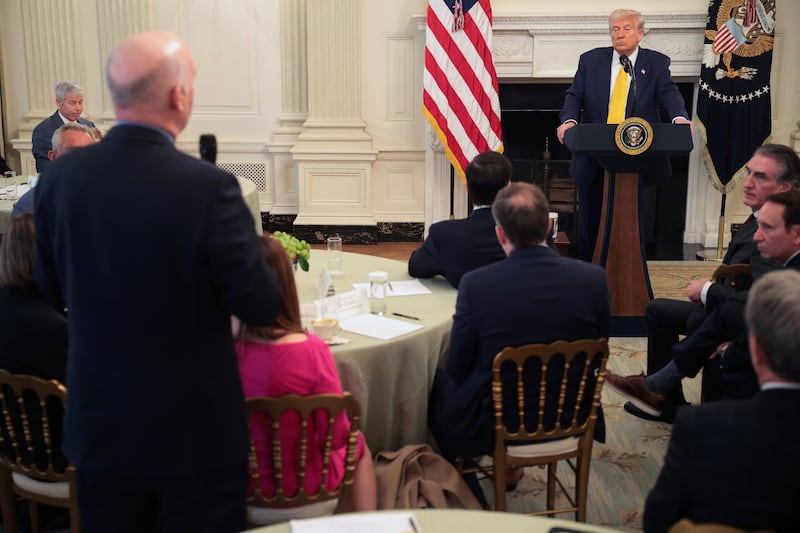 WASHINGTON, DC - FEBRUARY 21: U.S. President Donald Trump takes questions as he addresses a meeting of governors at the White House on February 21, 2025 in Washington, DC. President Trump is hosting a bipartisan group of Governors for a working session at the White House as part of the The National Governors Association winter meetings. (Photo by Win McNamee/Getty Images)
