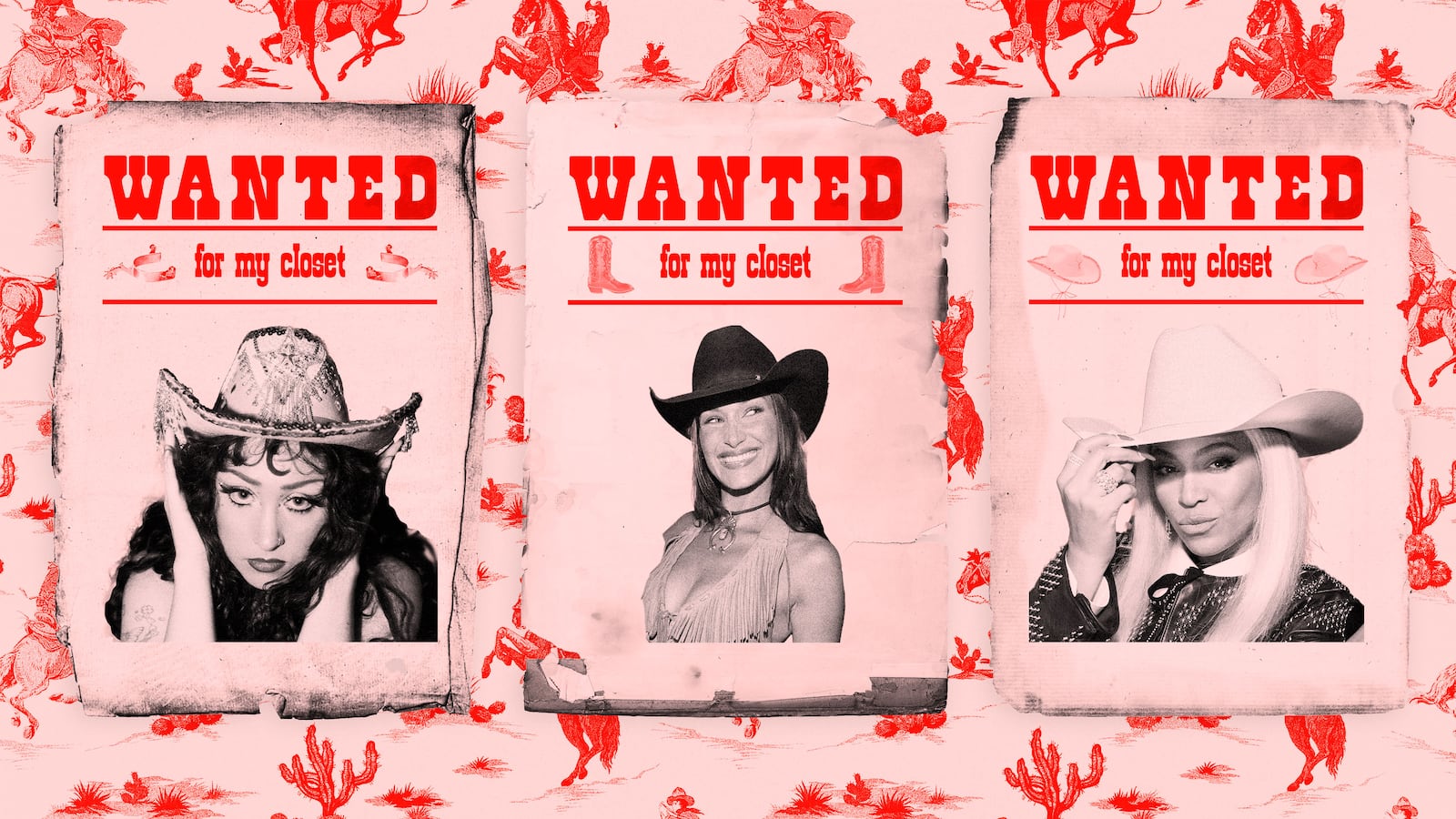 Bella Hadid, Beyonce, Chappell Roan in a cowboy hat and wanted poster
