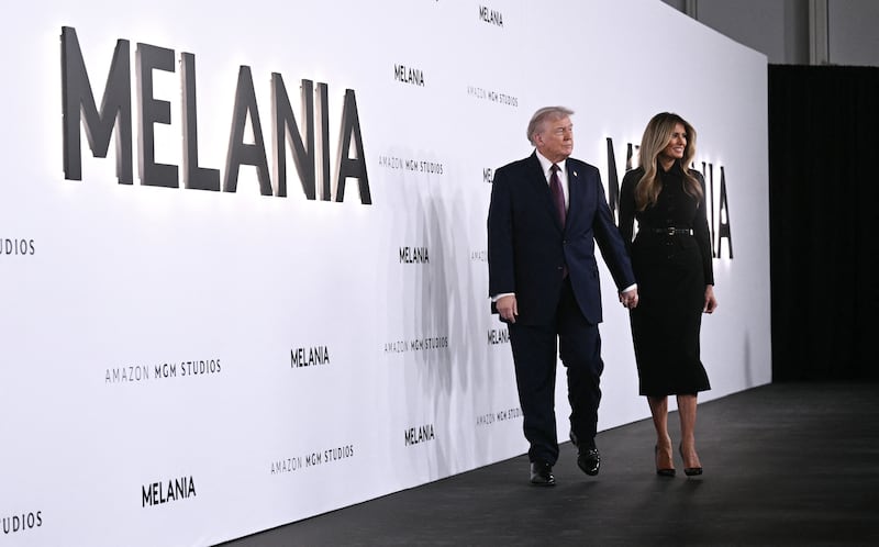 US President Donald Trump and US First Lady Melania Trump attend the world premiere of Amazon MGM Studios' "Melania" at the Kennedy Center in Washington, DC, on January 29, 2026.