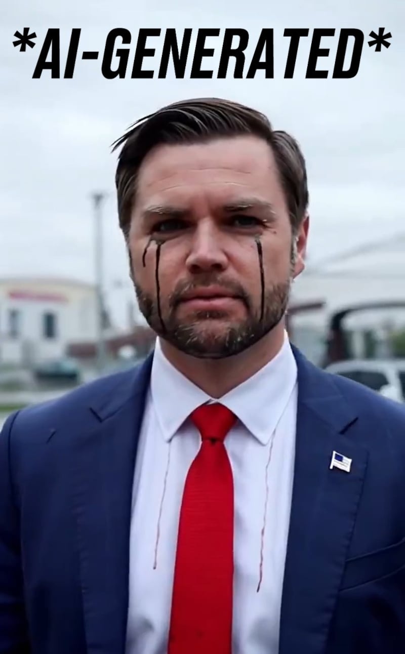 AI-generated image of JD Vance with eyeliner running down his face.