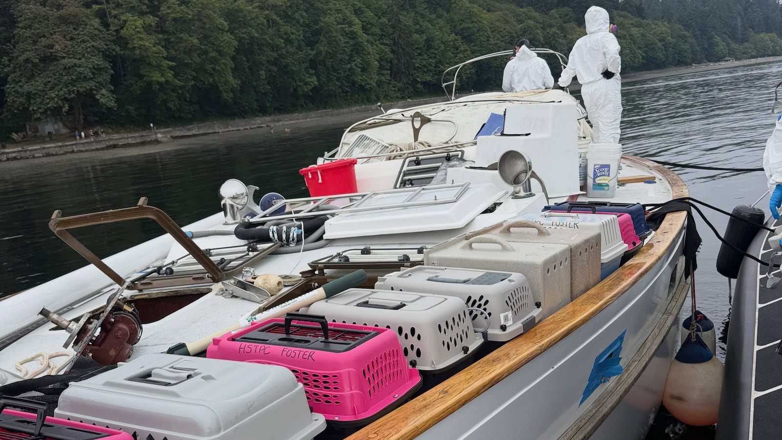 People wearing protective gear on a sailboat.