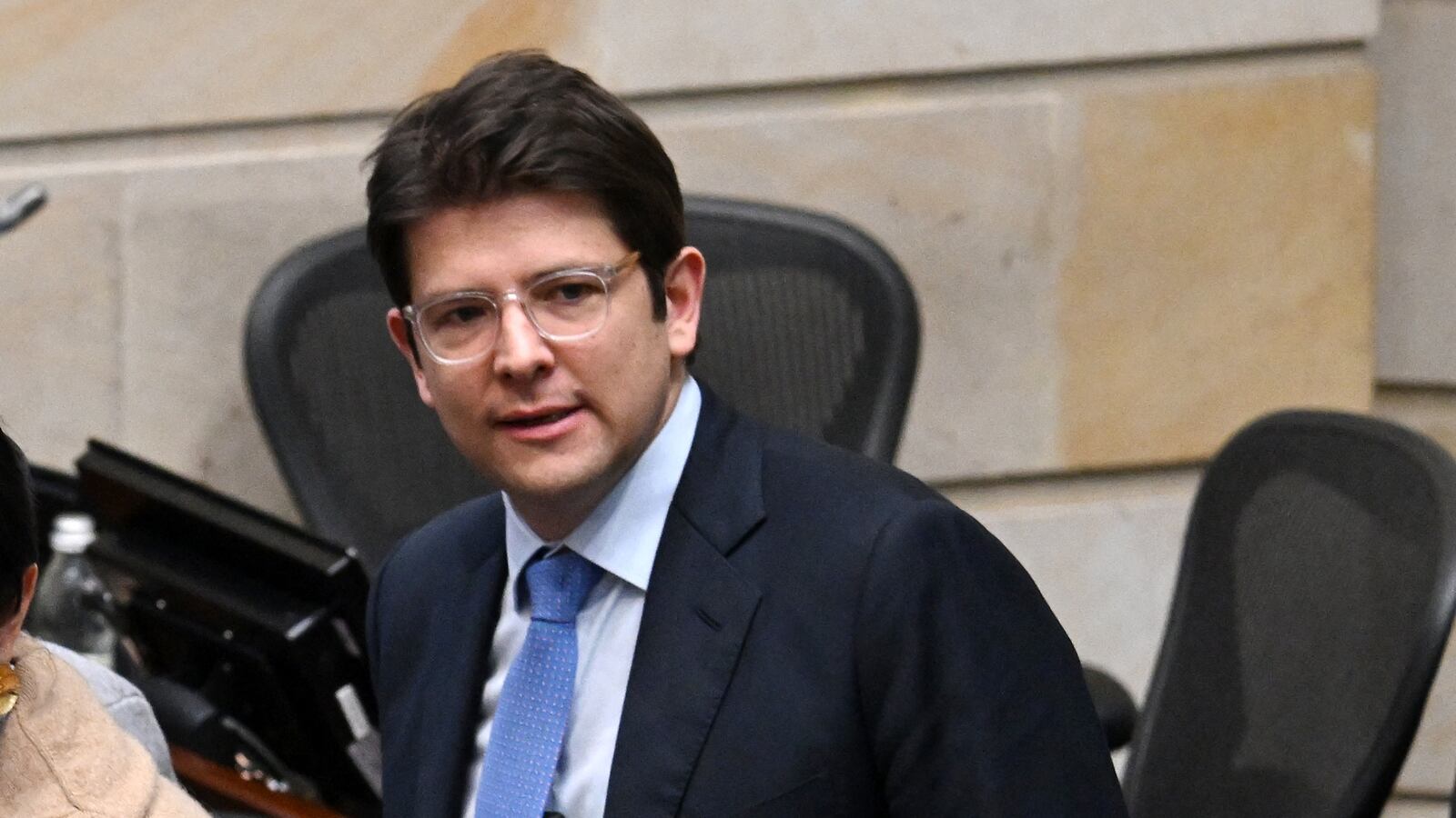 Senator Miguel Uribe looks on after the Senate voted against the government labor reform referendum promoted by Colombia's President Gustavo Petro in Bogota on May 14, 2025. A Colombian right-wing opposition senator and candidate to next year's presidential election was shot and wounded in Bogota on June 7, 2025, various media reported, while the government denounced an "attack." Miguel Uribe, 39, was in critical condition and one person had been arrested, according to media reports.