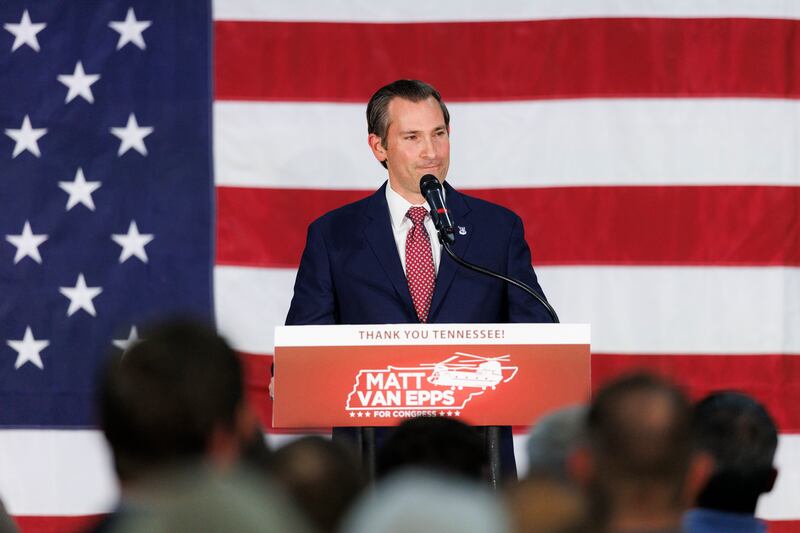 Republican Rep.-elect Matt Van Epps delivers his victory speech on December 2, 2025 in Nashville, Tennessee after winning the special election by nine points in the district Trump won last year by 22 points.