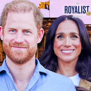 A photo illo illustration of Prince Harry and Meghan Markle in front of the Buckingham Palace for The Royalist.