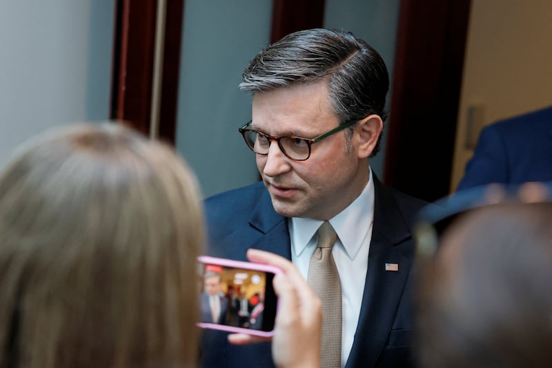 U.S. House Speaker Mike Johnson (R-LA) speaks to the media as he arrives for a House Republican Caucus meeting at the U.S. Capitol in Washington, D.C., U.S., June 30, 2026