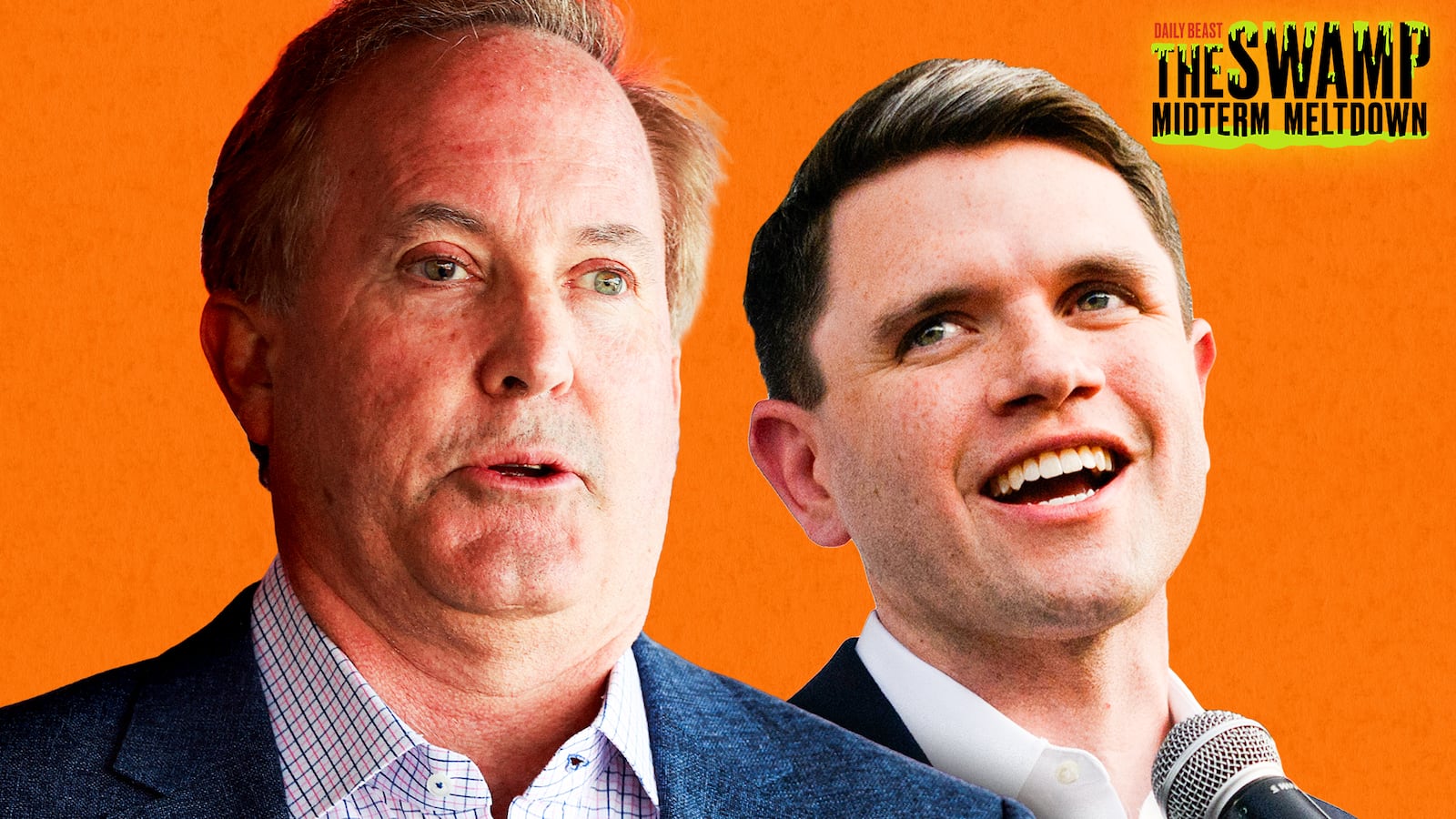 A photo illustration of Ken Paxton and James Talarico.