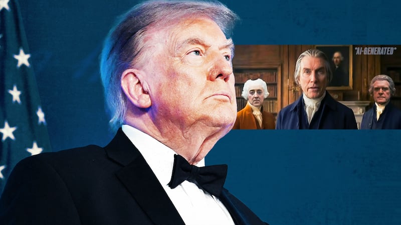 Donald Trump at the White House Correspondents Dinner and an AI-generated video still of a founding fathers video.