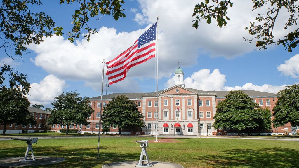 A flag in front of the headquarters of the marine expeditionary force at Camp Lejeune, North Carolina, Oct. 22, 2017.