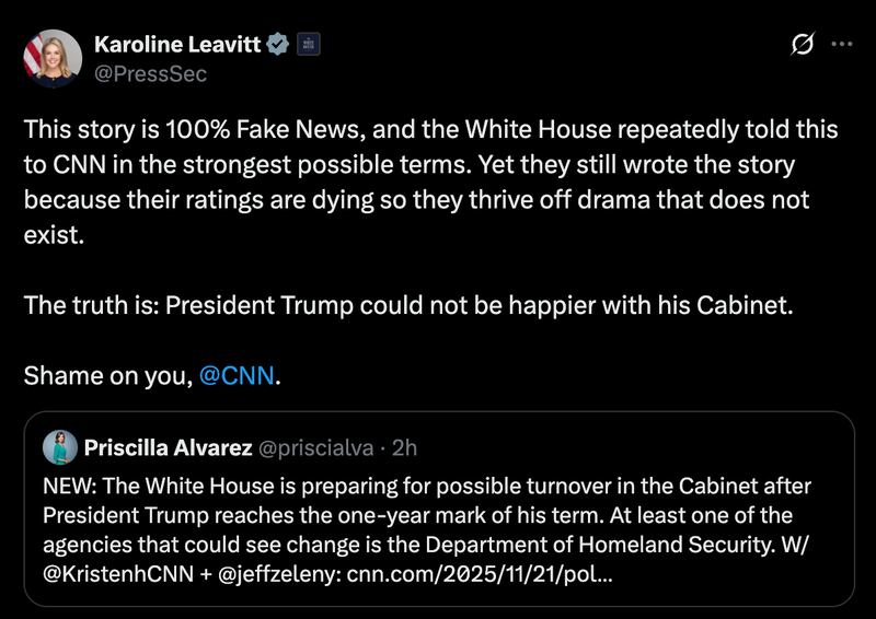 Leavitt raged at the CNN story online, saying he White House "repeatedly told" CNN it was false "in the strongest possible terms," adding: "Shame on you."
