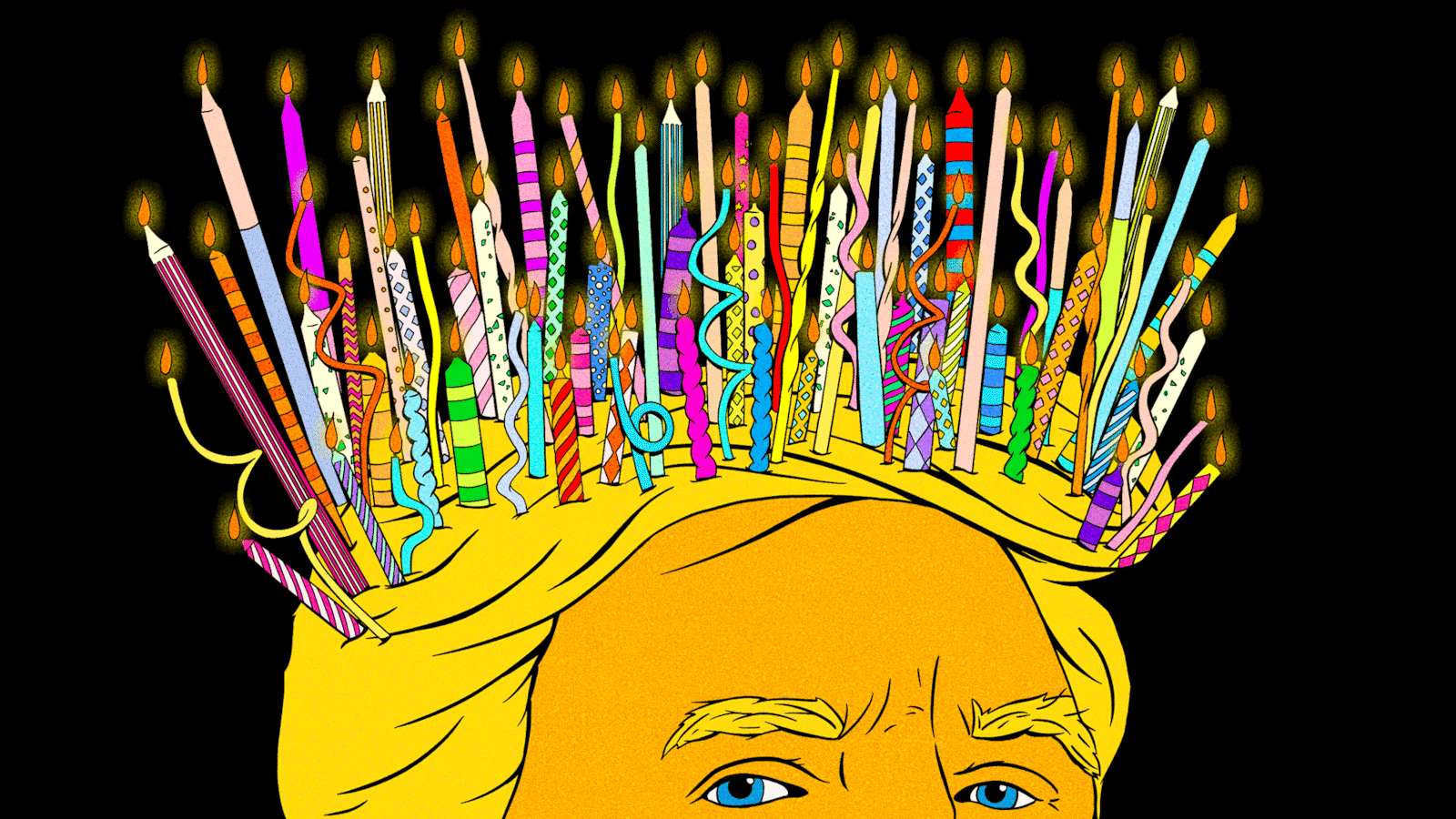 Donald Trump with 79 birthday candles flickering in his hair