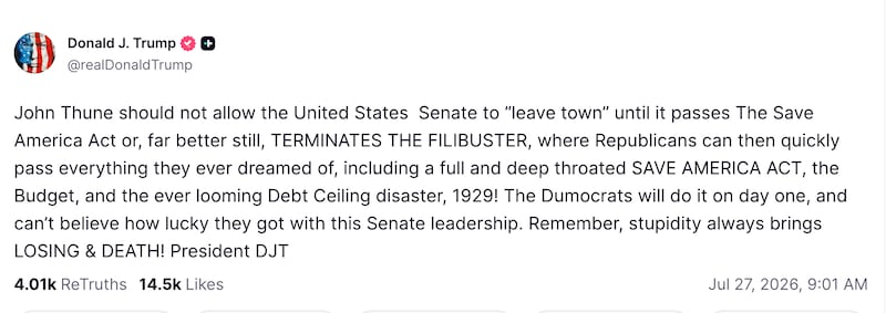 Trump freaks out over the Senate heading out next week on recess.