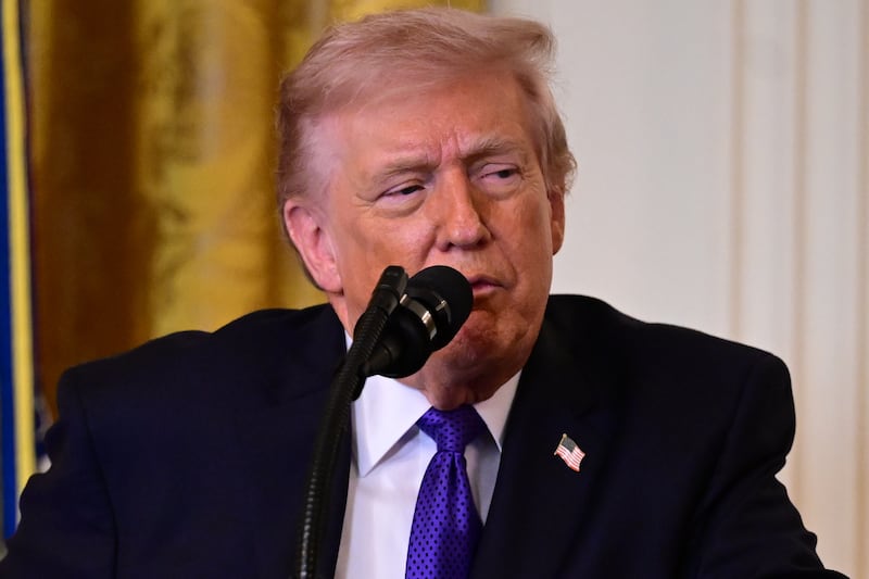 WASHINGTON, UNITED STATES - MARCH 02: U.S. President Donald Trump speaks during a Medal of Honor ceremony in the East Room of the White House in Washington, United States, on March 02, 2026. (Photo by Kyle Mazza/Anadolu via Getty Images)
