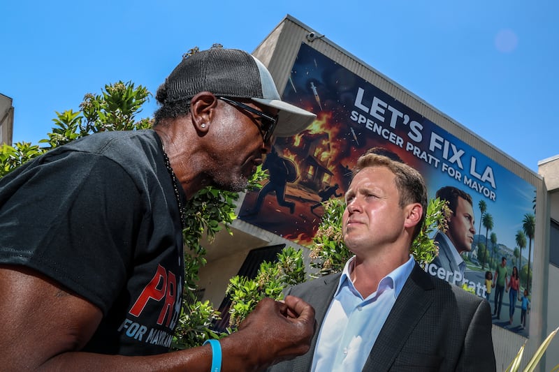 LA Mayoral candidate Spencer Pratt hosts a campaign "block party" event on 10th Ave. in Los Angeles, CA on Wednesday, May 20, 2026.