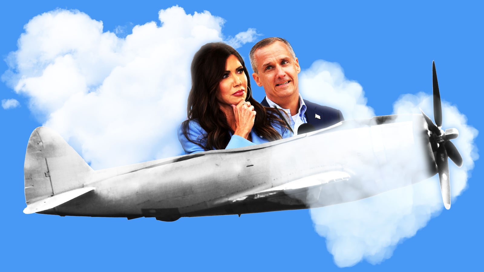 Corey Lewandowski and Kristi Noem in a propeller plane going through heart clouds