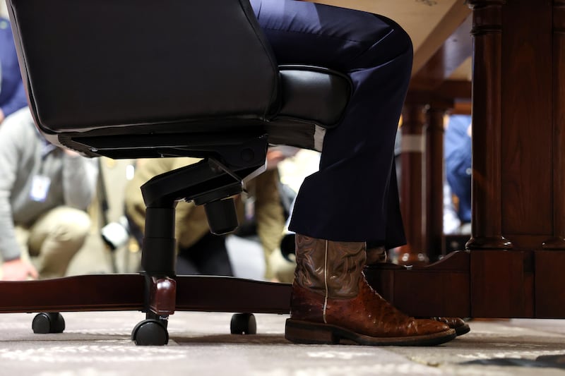 A view of the boots worn by Oklahoma Sen. Markwayne Mullin during a confirmation hearing to be the next Secretary of the Department of Homeland Security in the Dirksen Senate Office Building on March 18, 2026 in Washington, DC. President Trump nominated Mullin to replace Kristi Noem as DHS Secretary.