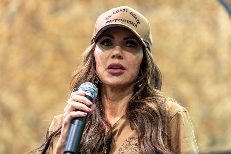 Kristi Noem speaks to coast guardsmen at Naval Support Activity, Manama, Bahrain, Sunday, May 25, 2025.